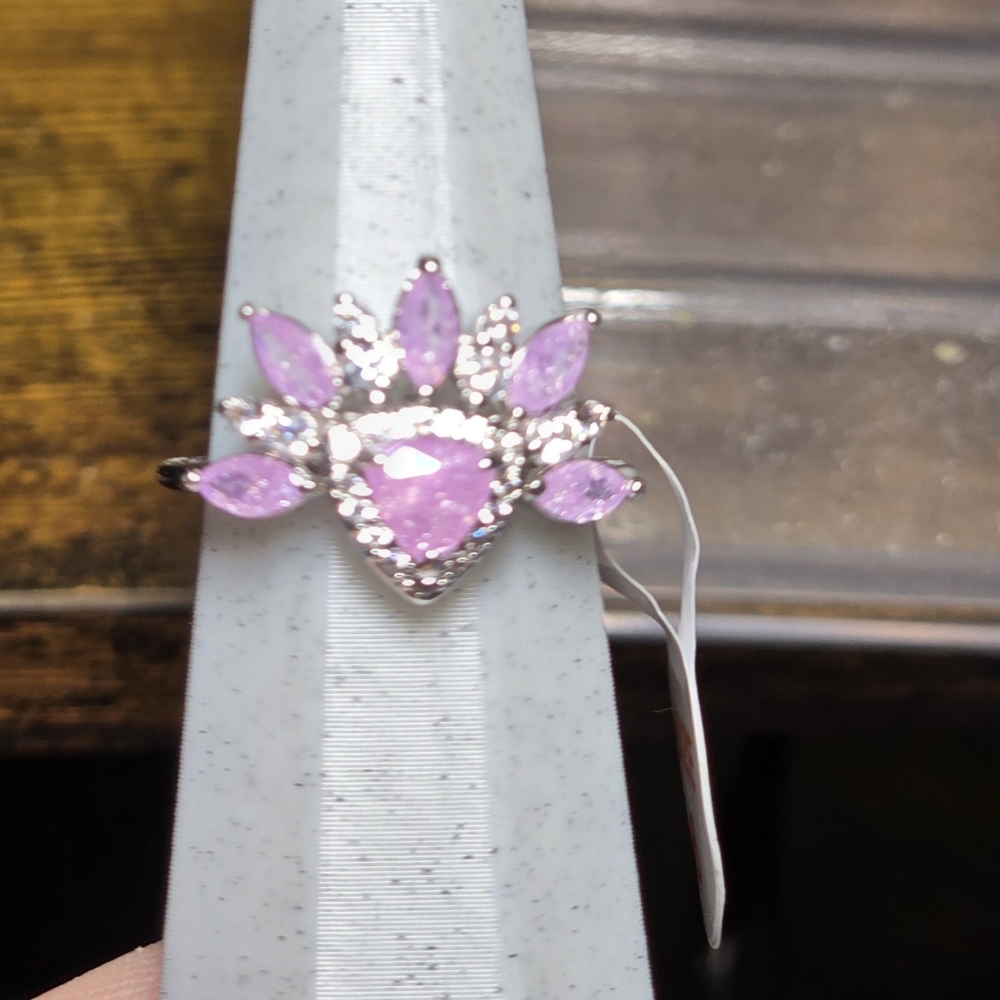 Purple and Silver Floral Gemstone Ring